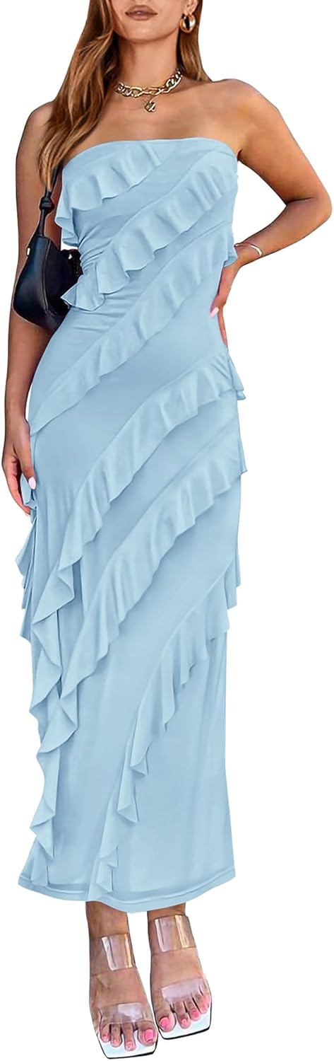 Elegant Strapless Midi Ruched Bodycon Dress for Women