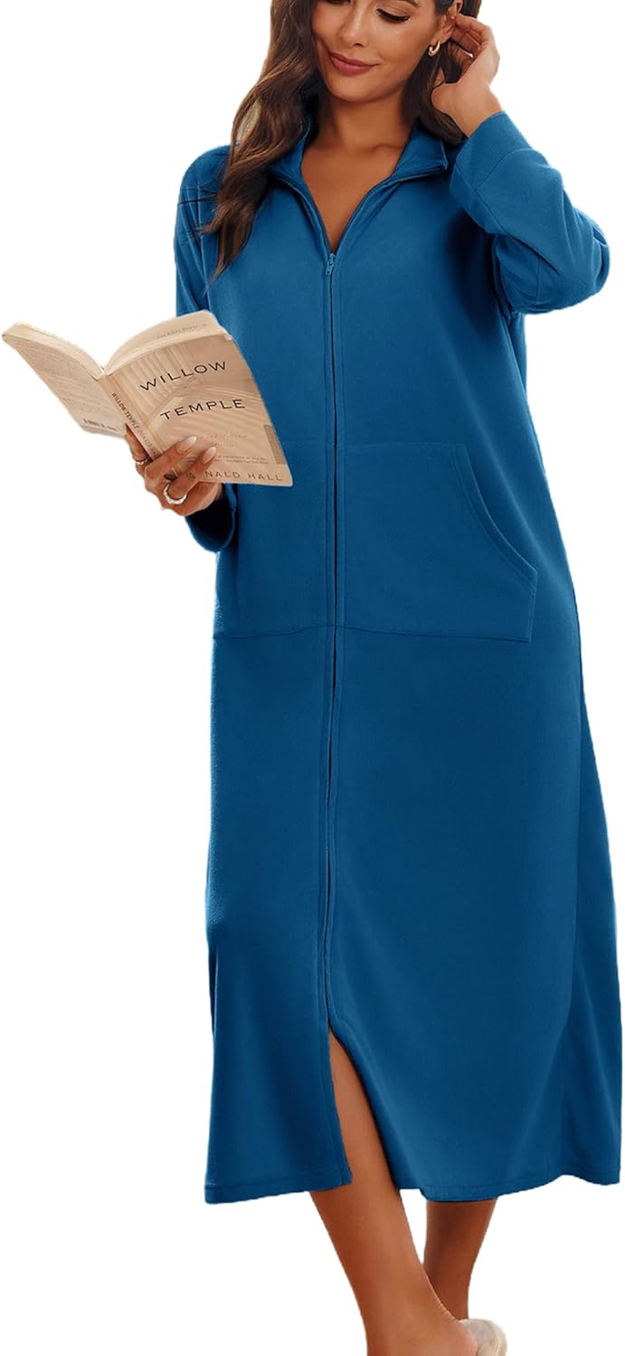 Ekouaer Women Zipper Robe Soft Bathrobe with Pockets for Comfort