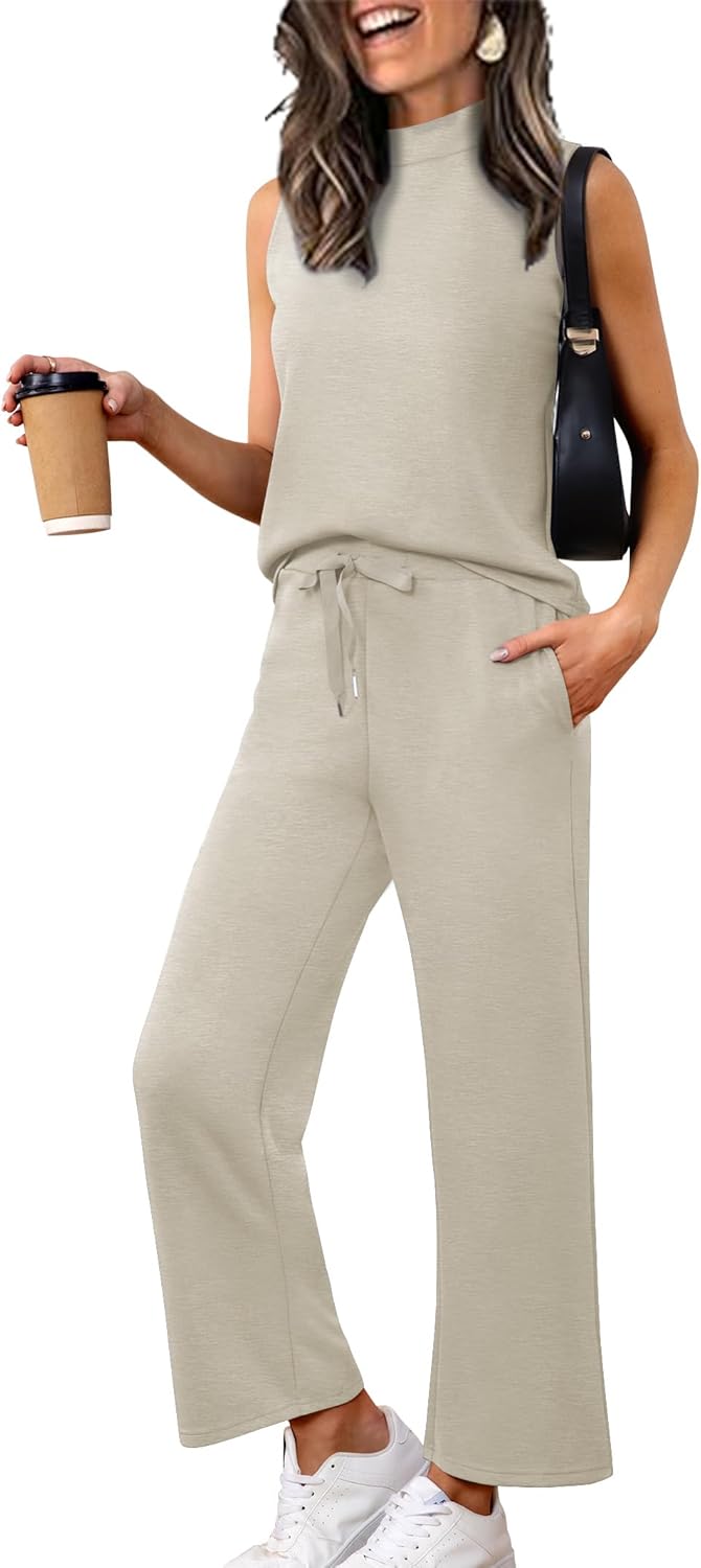 Women's Summer 2 Piece Outfits Mock Neck Tank Top Lounge Set