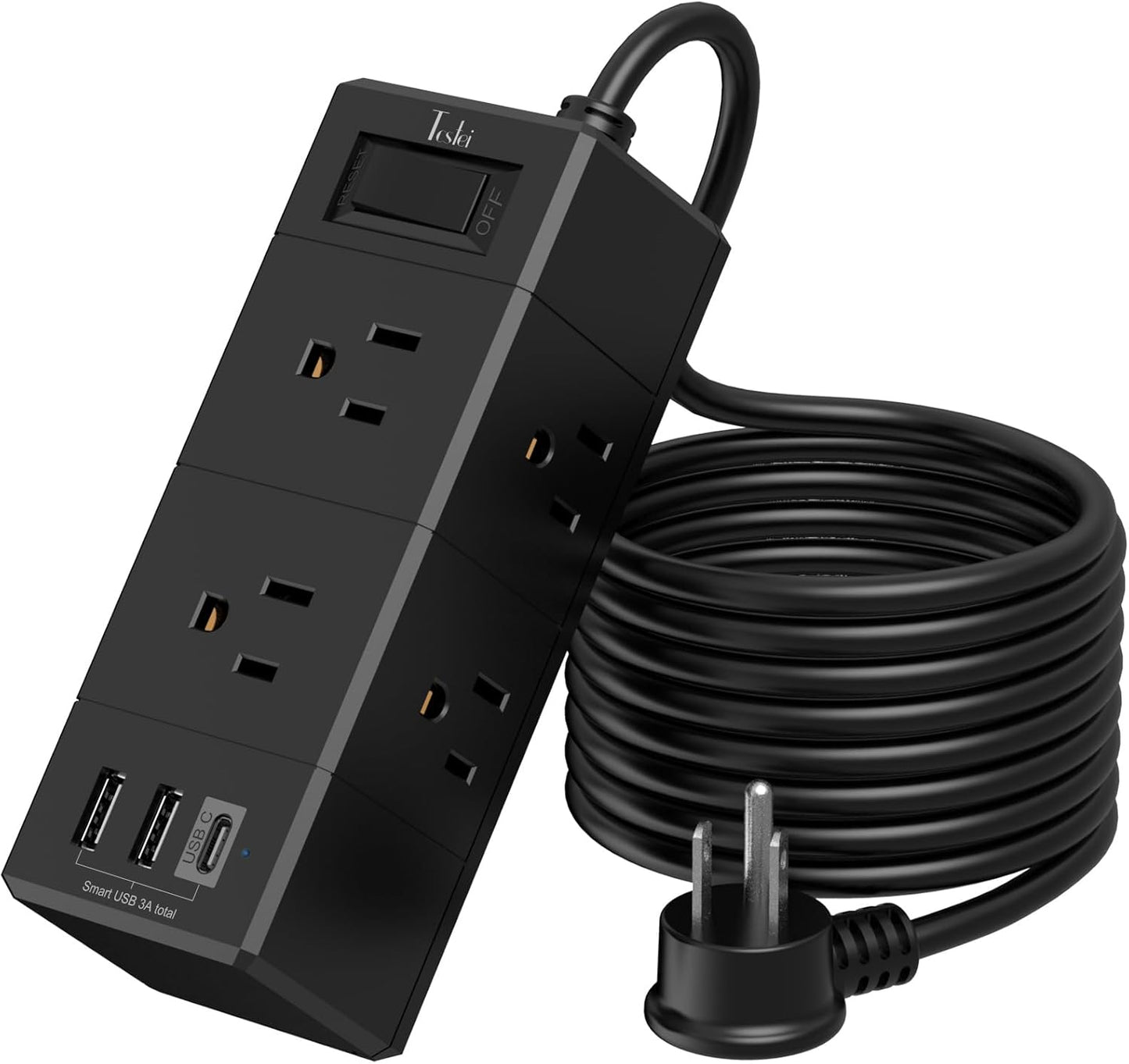 Compact 10Ft Power Strip Extender - 6 Outlets, 3 USB Ports