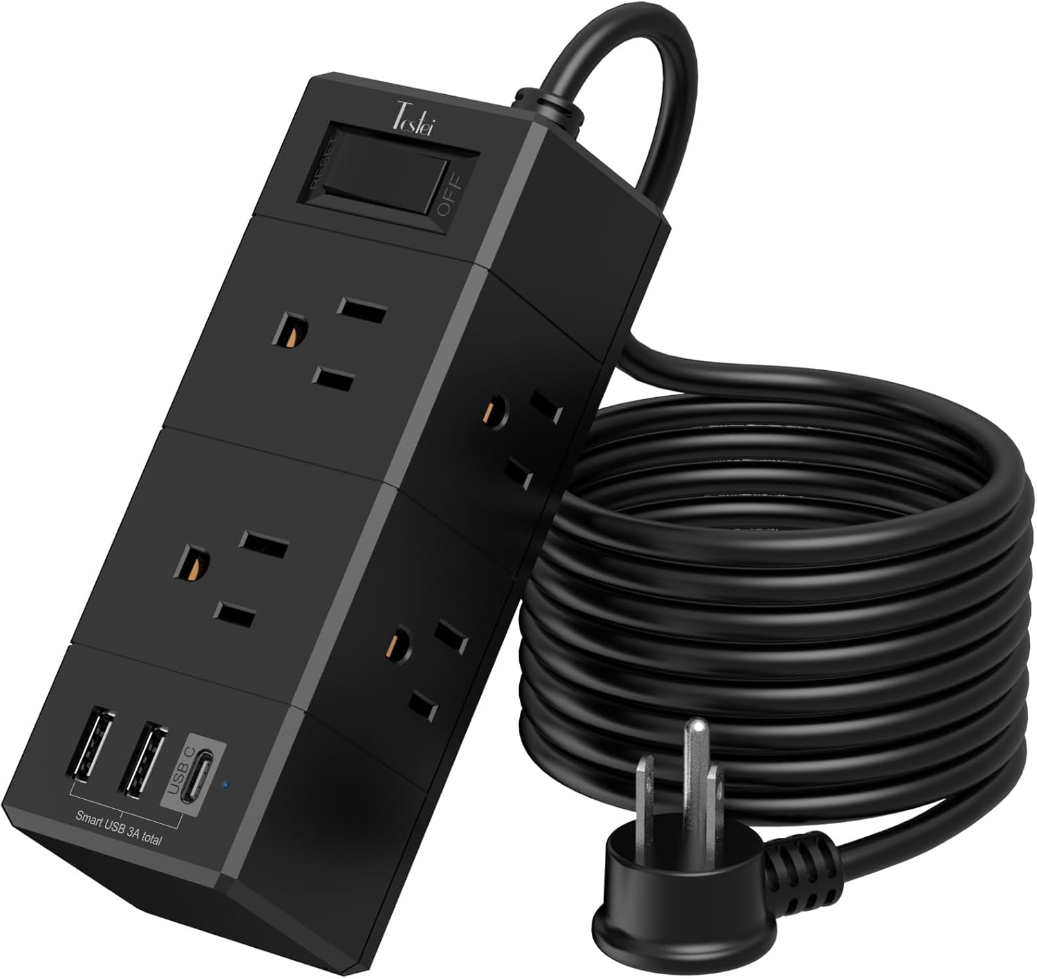 Compact 10Ft Power Strip Extender - 6 Outlets, 3 USB Ports