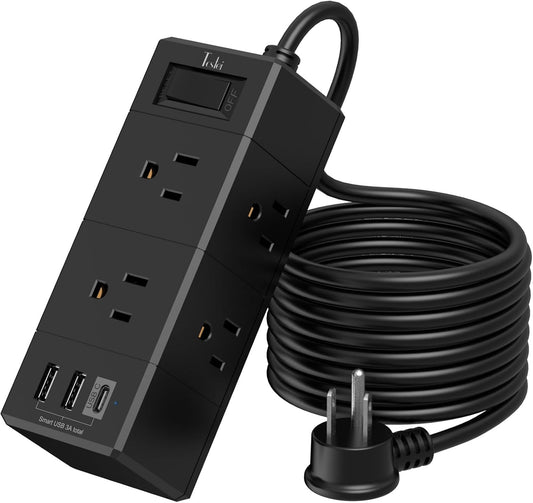 Compact 10Ft Power Strip Extender - 6 Outlets, 3 USB Ports