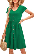 OUGES V Neck Button Down Skater Dress with Pockets - Comfortable