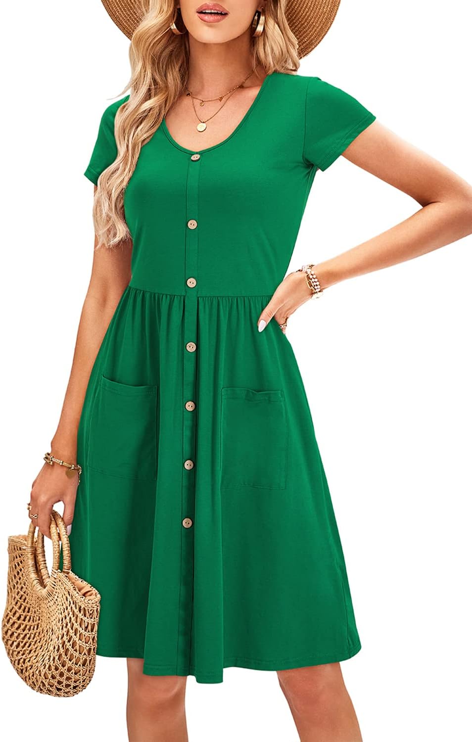 Stylish OUGES Women's V Neck Button Down Skater Dress with Pockets