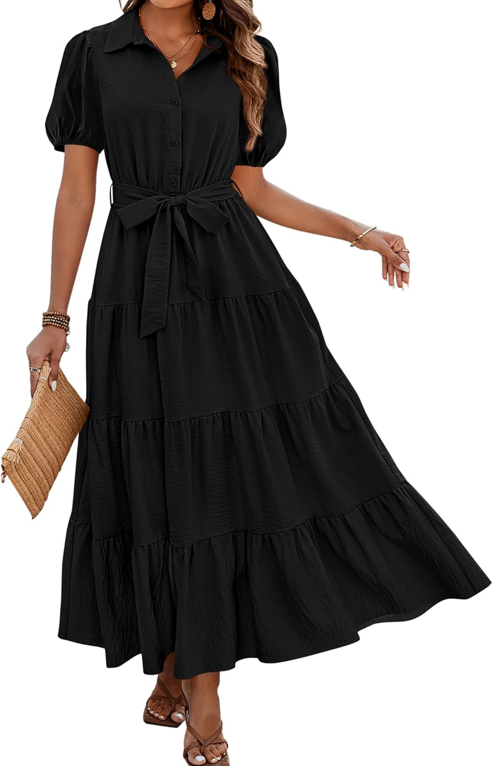 Dowerme Womens Summer Dresses Short Sleeve Button Tie Waist
