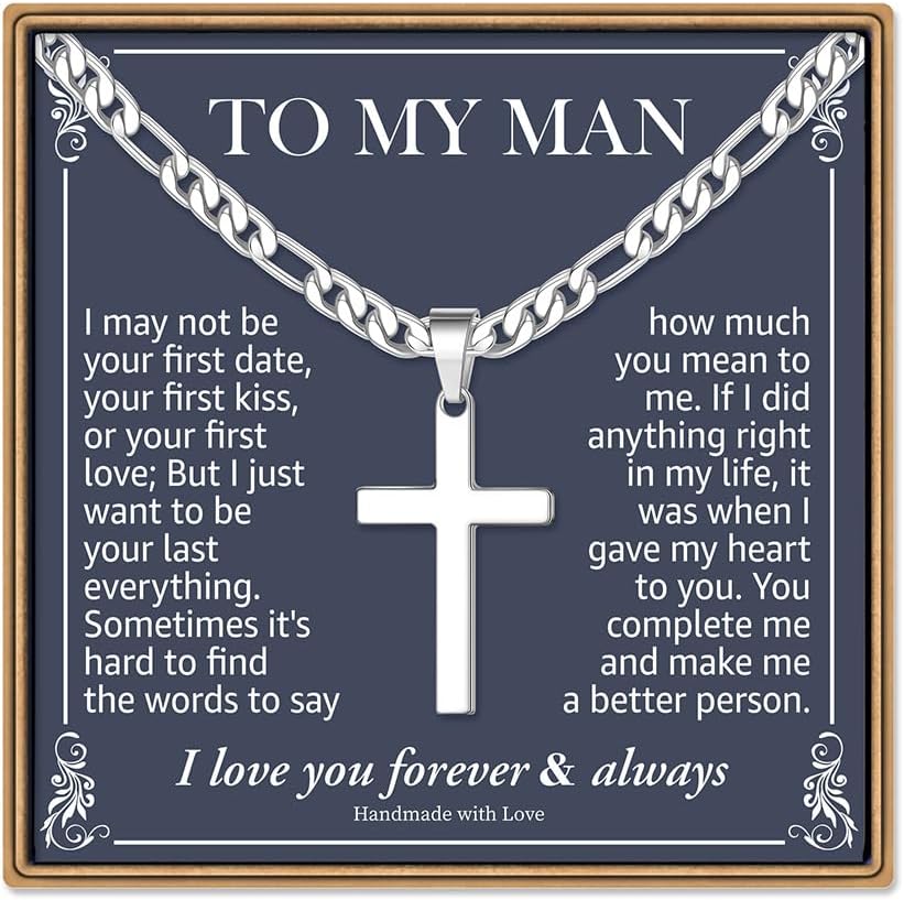 IEFLIFE Silver Figaro Chain Cross Necklace for Teen Boys Gifts