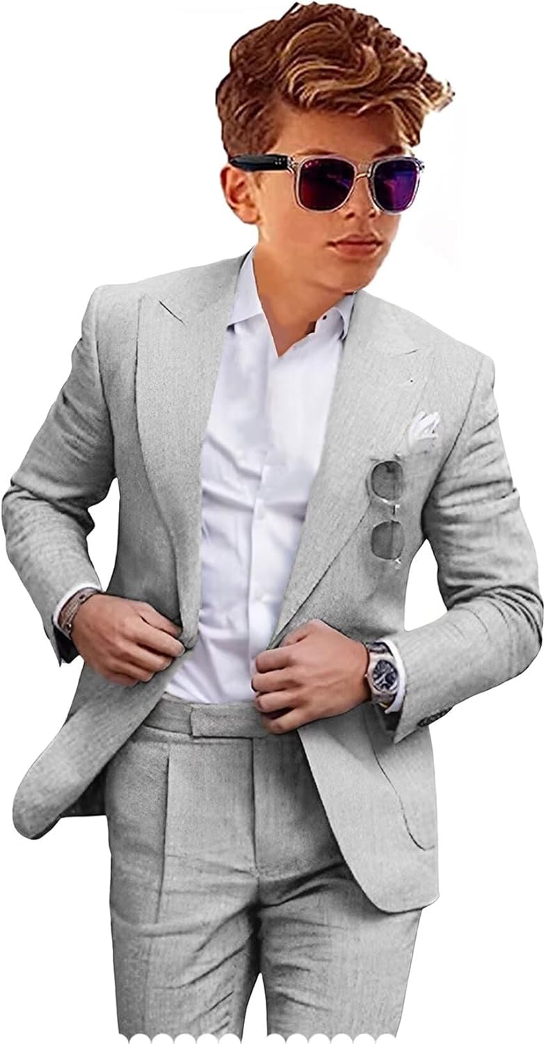 Boys Linen Suits Casual 2 Piece Summer Beach Wedding Tuxedo