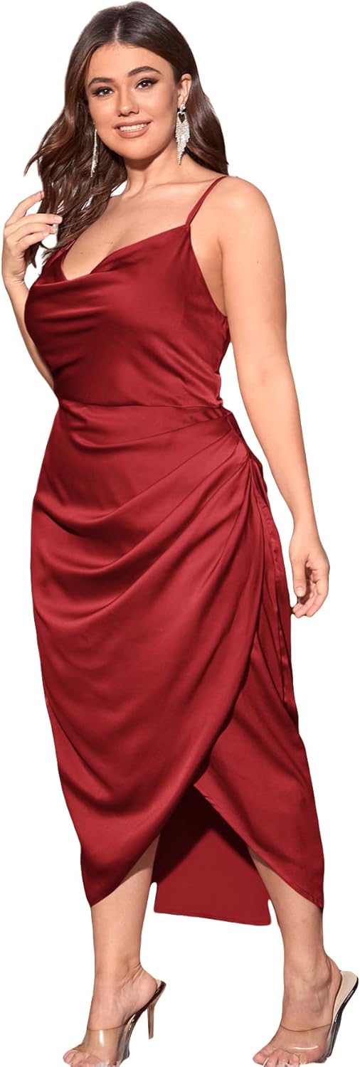 Floerns Women's Plus Size Satin Cowl Neck Party Dress