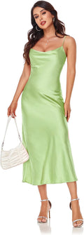 Women's Spaghetti Strap Midi Satin Slip Dress - Cowl Neck Elegance bit
