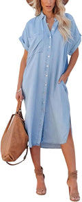 chouyatou Denim Shirt Dress Midi Tunic - Casual Lightweight
