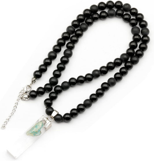Natural Raw Tourmaline Pendant with Black Onyx Beaded Necklace