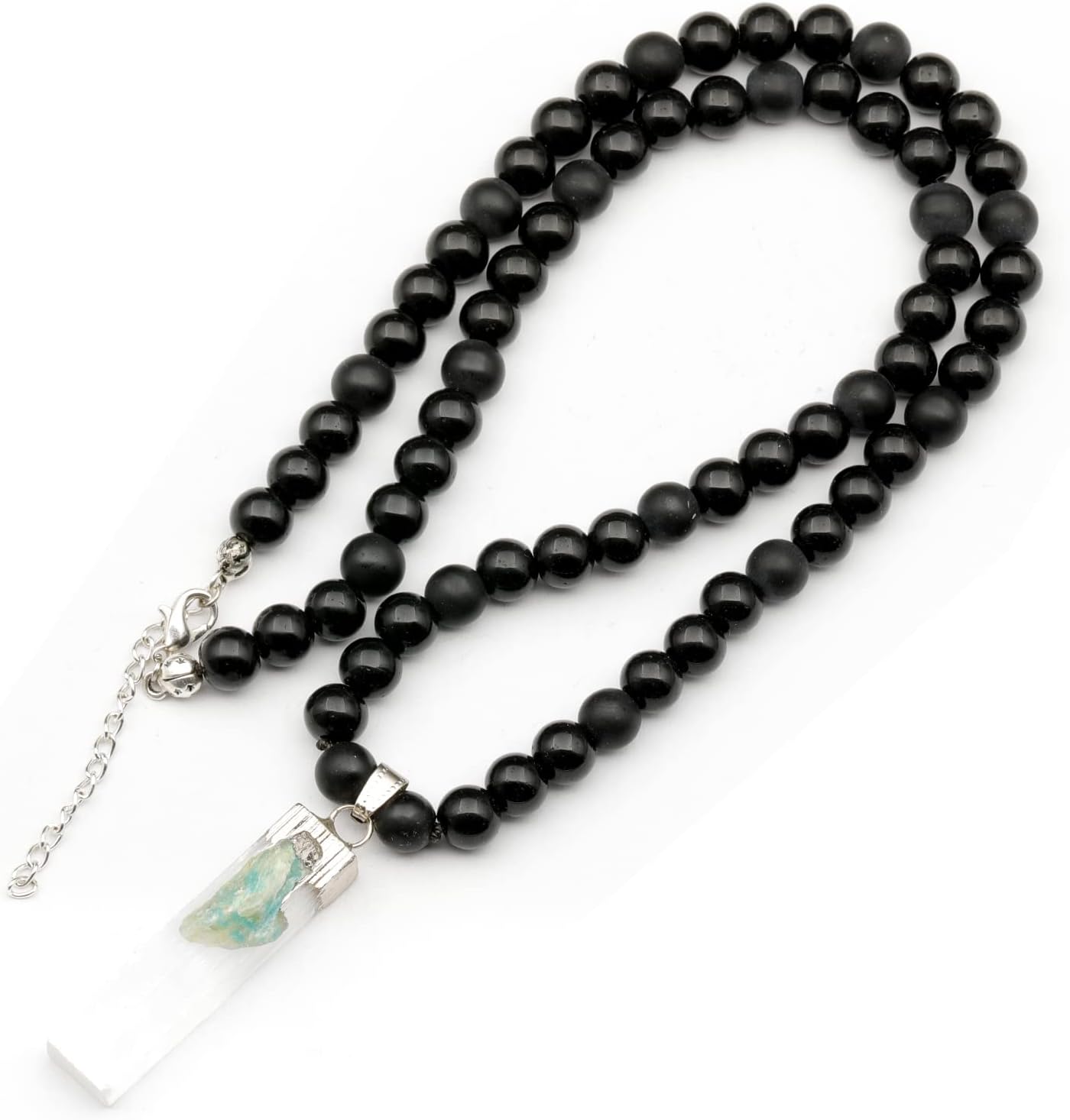 Natural Raw Tourmaline Pendant and Black Onyx Beaded Necklace