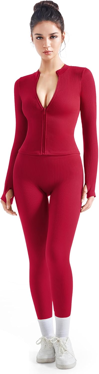SUUKSESS Women 2 Piece Seamless Ribbed Workout Sets for Fitness