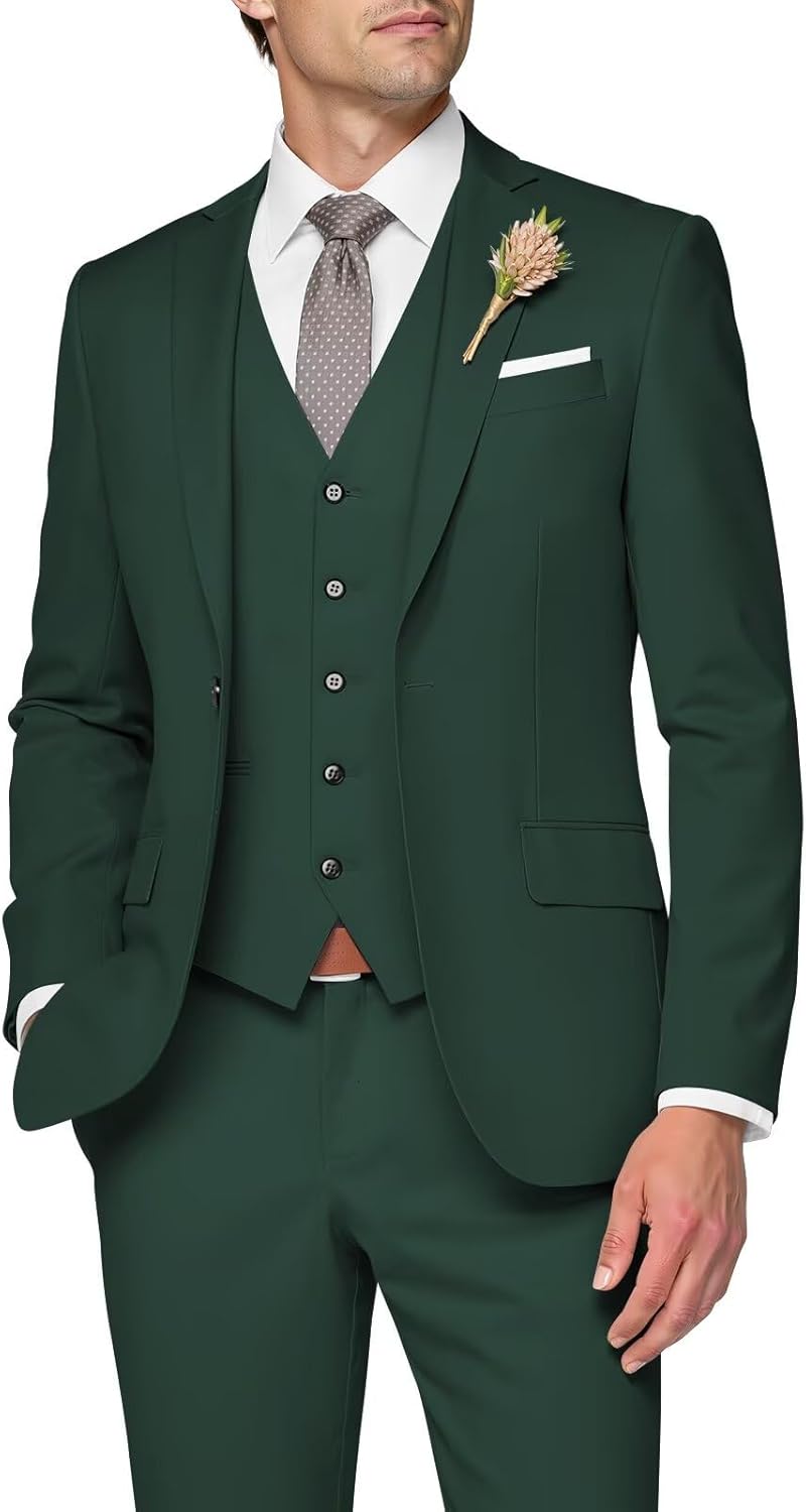 Elegant 3 Piece Slim Fit Wedding Suit for Men in Dark Green