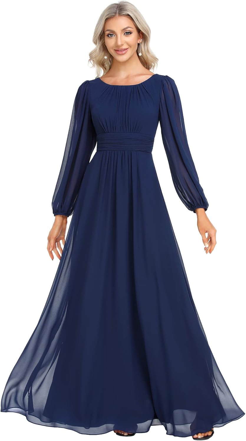 Ever-Pretty Women's Long Lantern Sleeve A-Line Chiffon Dress