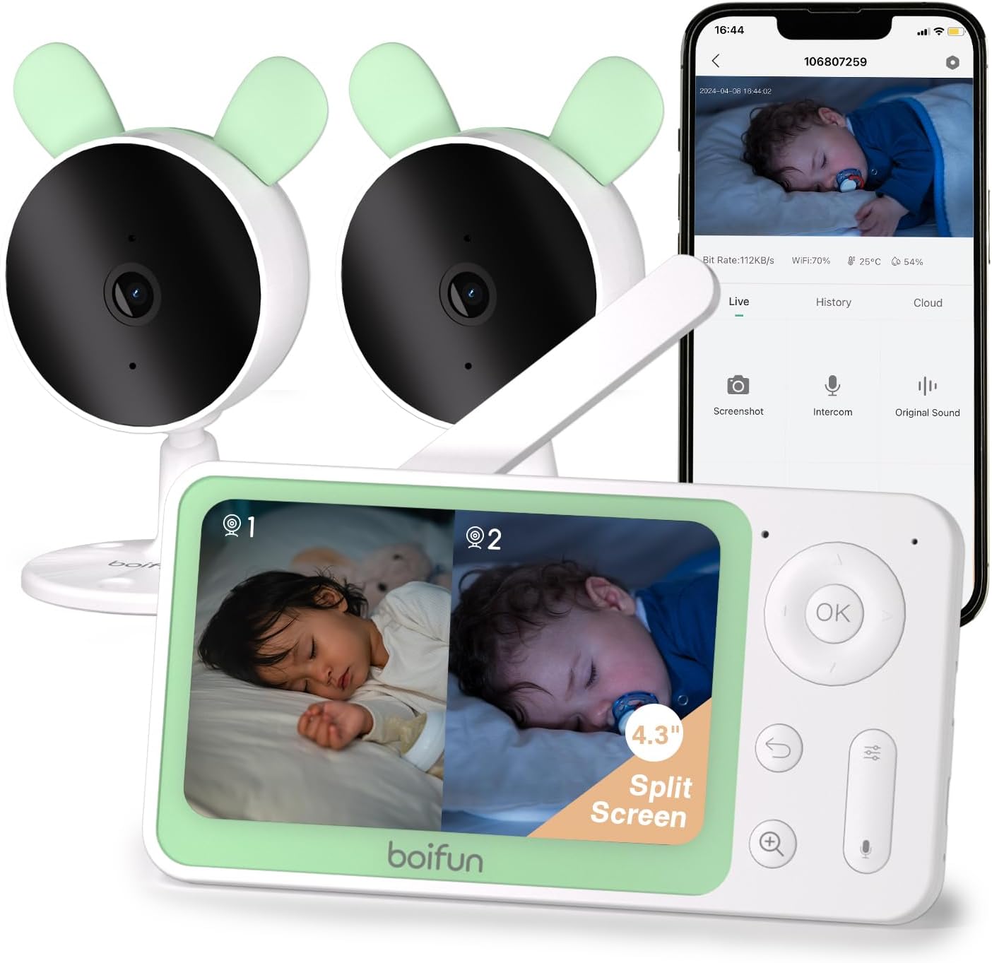 BOIFUN WiFi Video Baby Monitor: Split Screen, AI Detection
