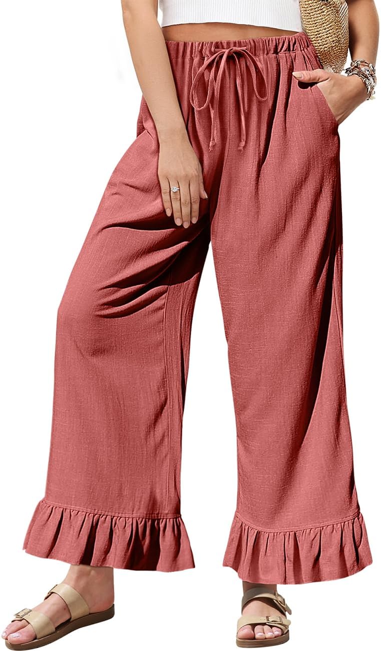 TARSE Womens Linen Casual Pants with Ruffle Hem for Summer Style