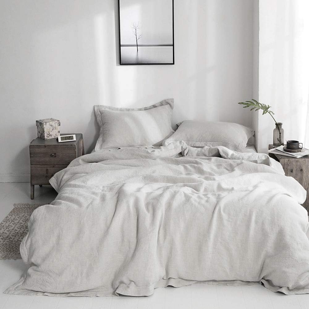 100% Linen Duvet Cover Set with Embroidery Border - King Size