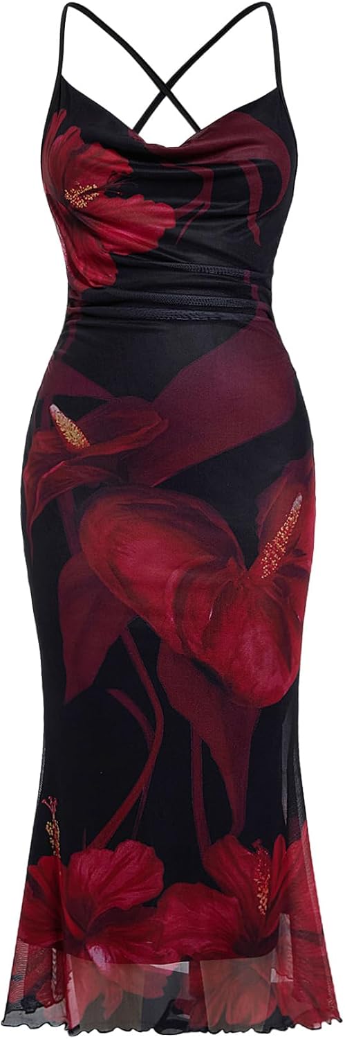 Floral Mesh Bodycon Cami Dress for Women - Perfect for Events