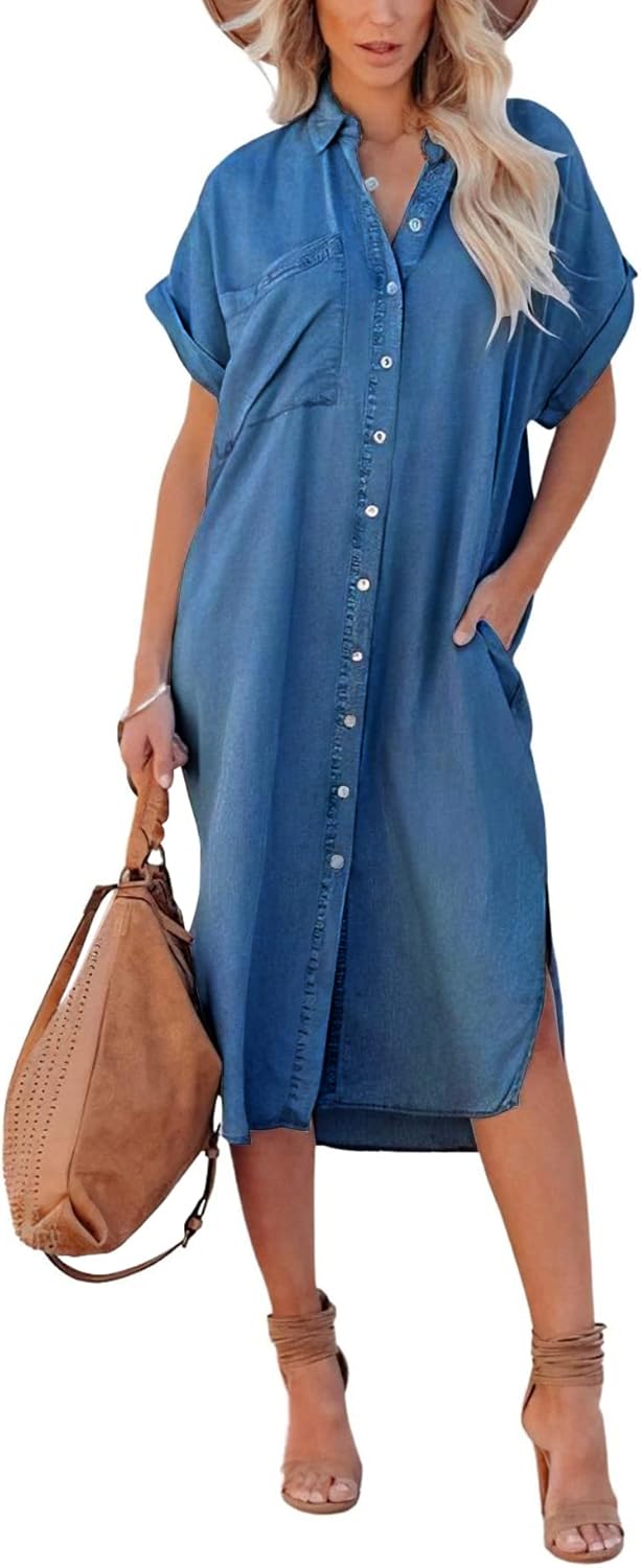 Chouyatou Women's Summer Loose Midi Long Tunic Denim Dress