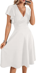 LYANER Women's Warp V Neck Ruffle A-Line Midi Dress - Flattering