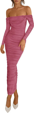 Womens Off Shoulder Mesh Ruched Maxi Dress - Long Sleeve Elegant