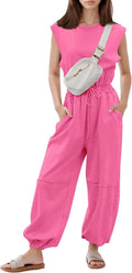 Womens Casual Jumpsuit Crewneck Cap Sleeve One Piece - Loose Fit