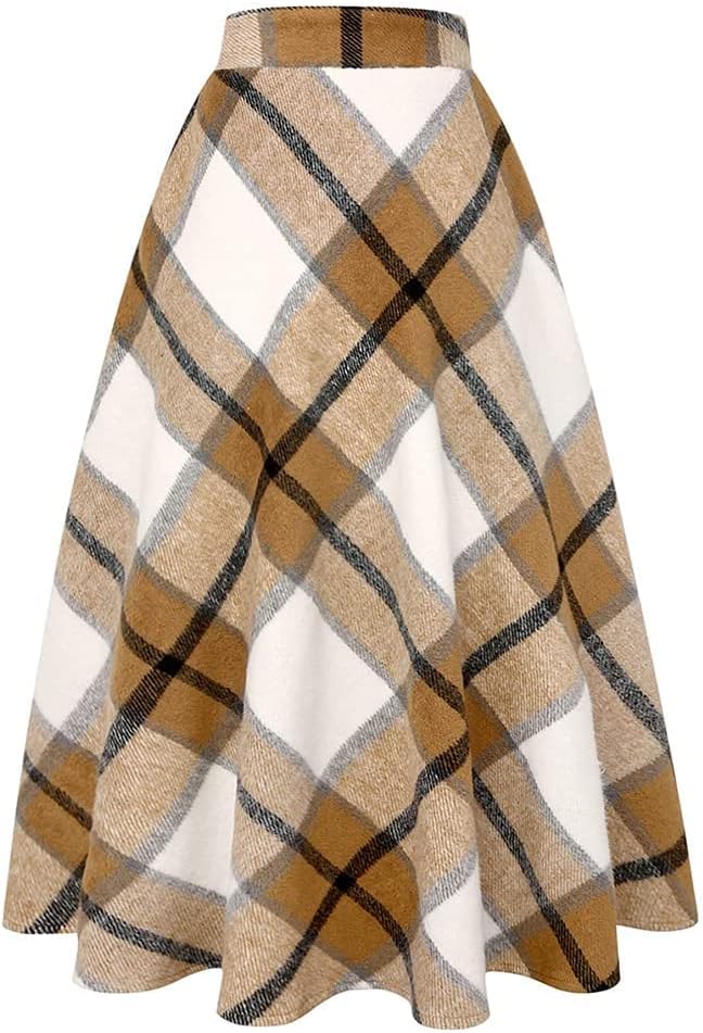 Long Plaid Wool Skirt for Women - Warm High Elastic Waist A-Line