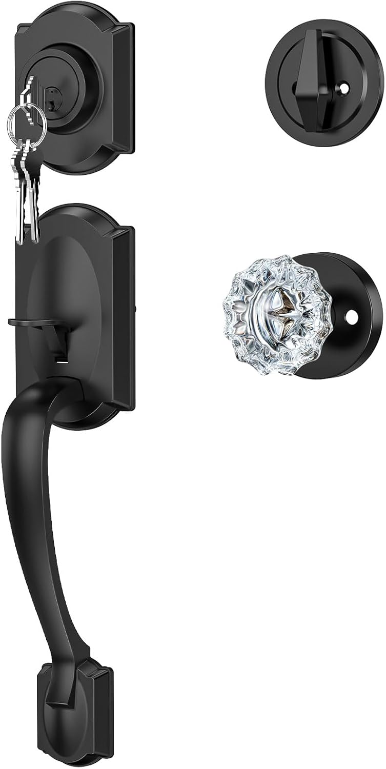 Vintage Black Front Door Handle and Deadbolt Set with Crystal Knob