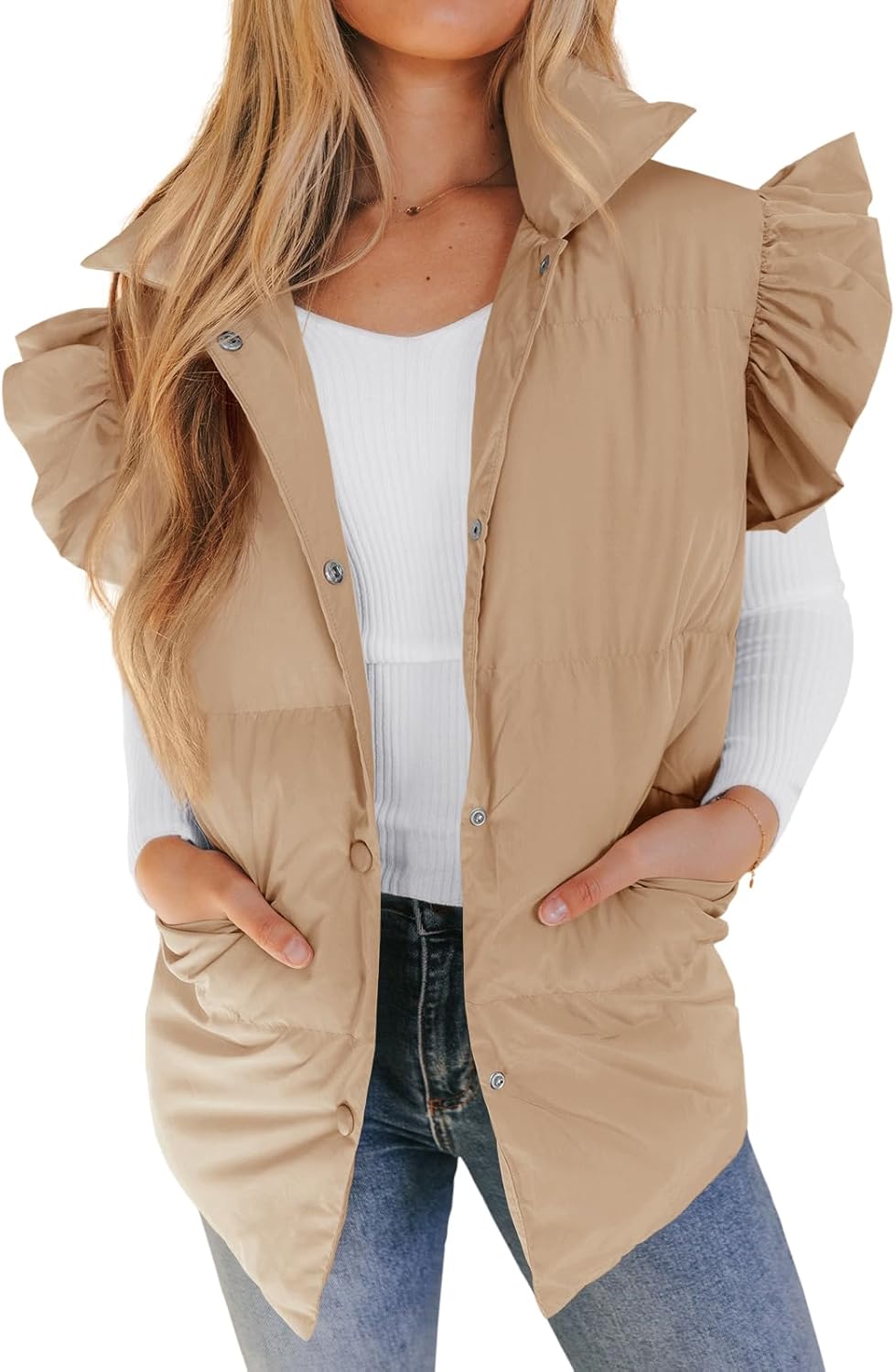 Valphsio Women's Puffer Vests with Ruffle Sleeves for Winter