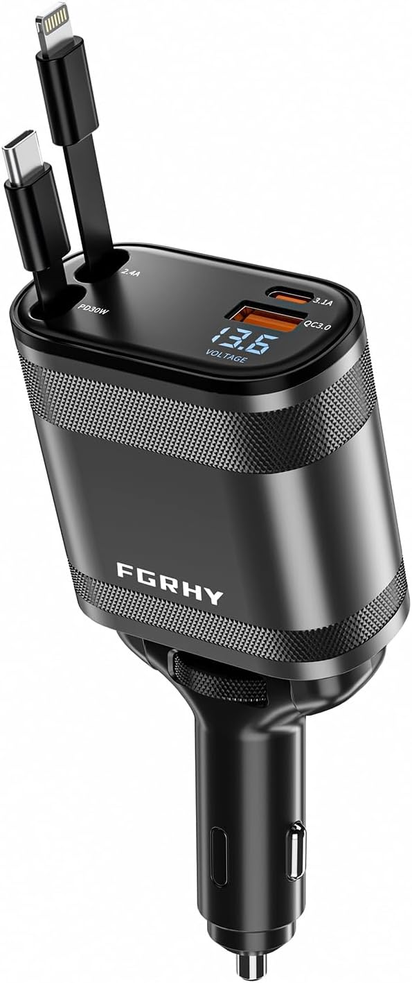 4-in-1 Retractable Fast Car Charger - 75W Power