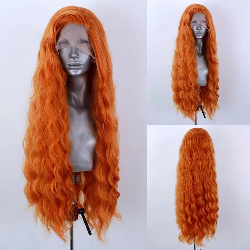 Long Water Wave Orange Hair Synthetic Lace Front Wigs for Women