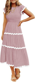 ZESICA Women's Smocked Midi Dress - Flowy Rickrack Tiered Style