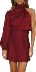Women's Satin One Shoulder Long Sleeve Mini Dress - Elegant Cocktail