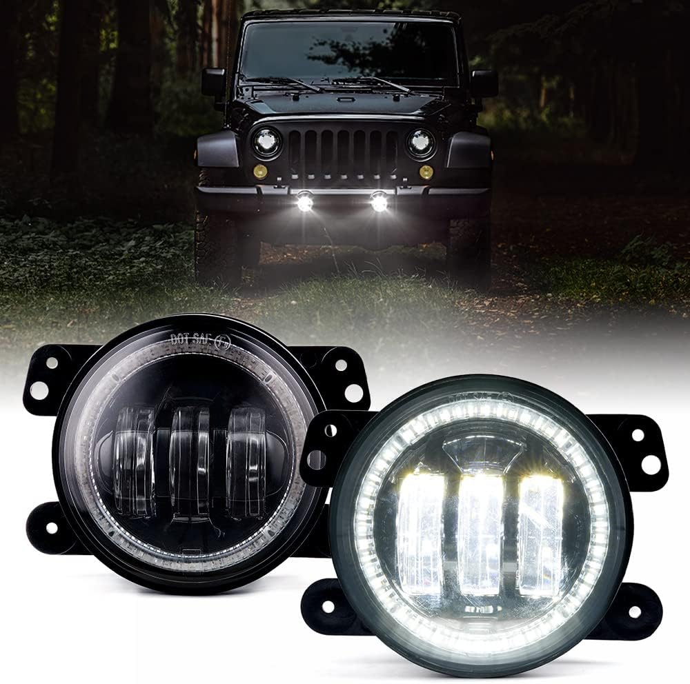 Xprite 4-Inch LED Fog Lights with White Halo Ring for Jeep