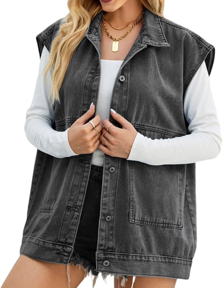 Oversized Denim Vest for Women - Stylish Mid Long Jean Jacket