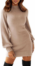 EXLURA Women's Mock Neck Ribbed Long Sleeve Mini Sweater Dress