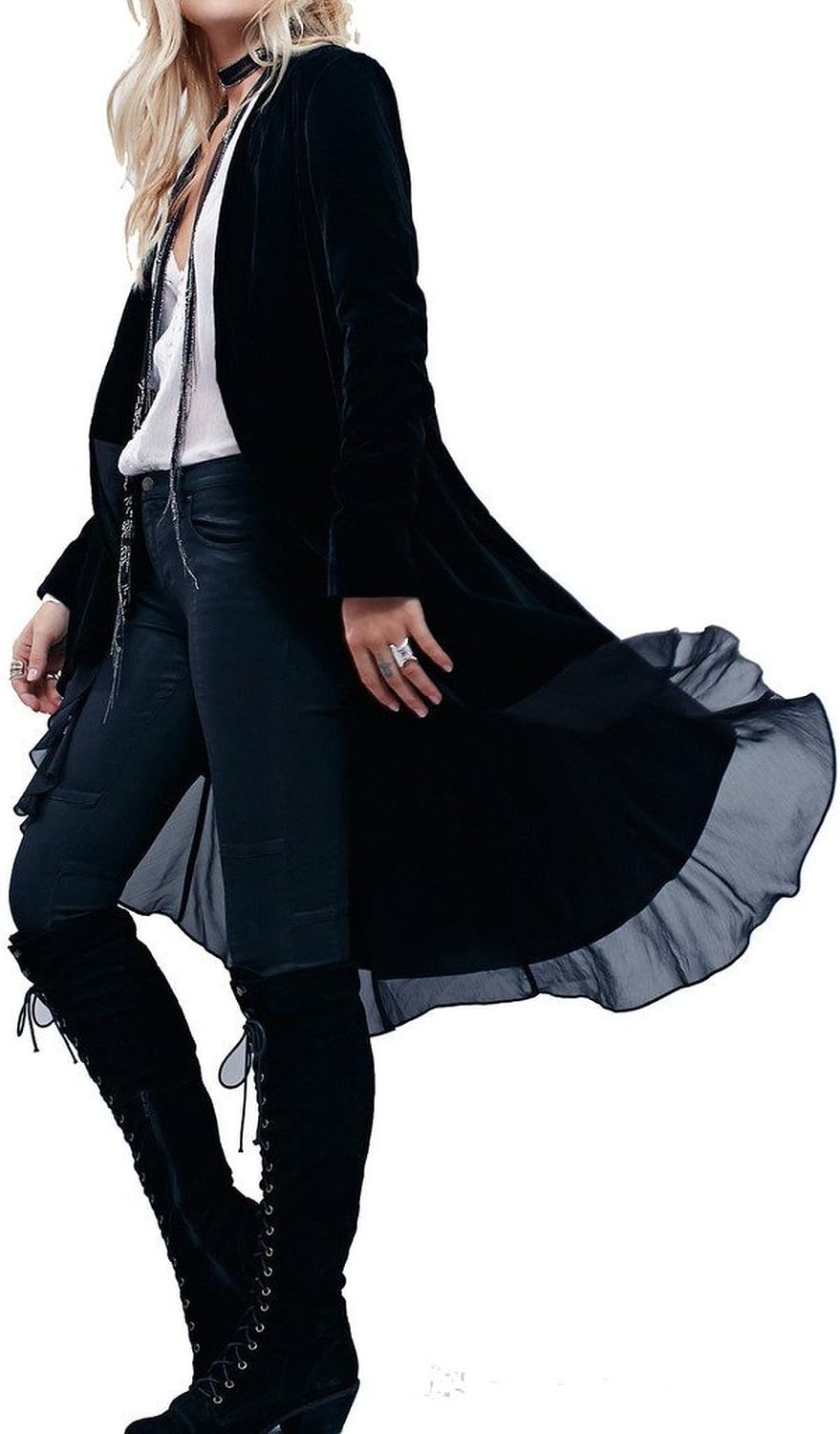 Ruffled Asymmetric Long Velvet Blazers Coat for Women
