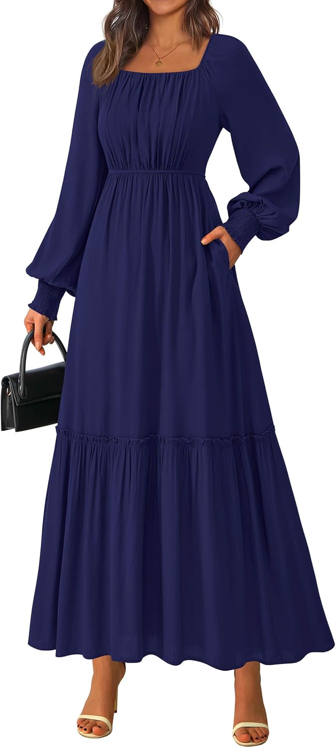 KIRUNDO Casual Fall Dresses for Women - Flowy Long Sleeve Maxi