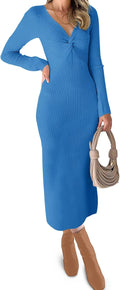 Womens Ribbed Knit Maxi Dresses Long Sleeve V Neck Casual Dress