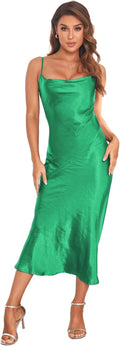 Women's Spaghetti Strap Midi Satin Silk Dress - Cowl Neck Evening Slip