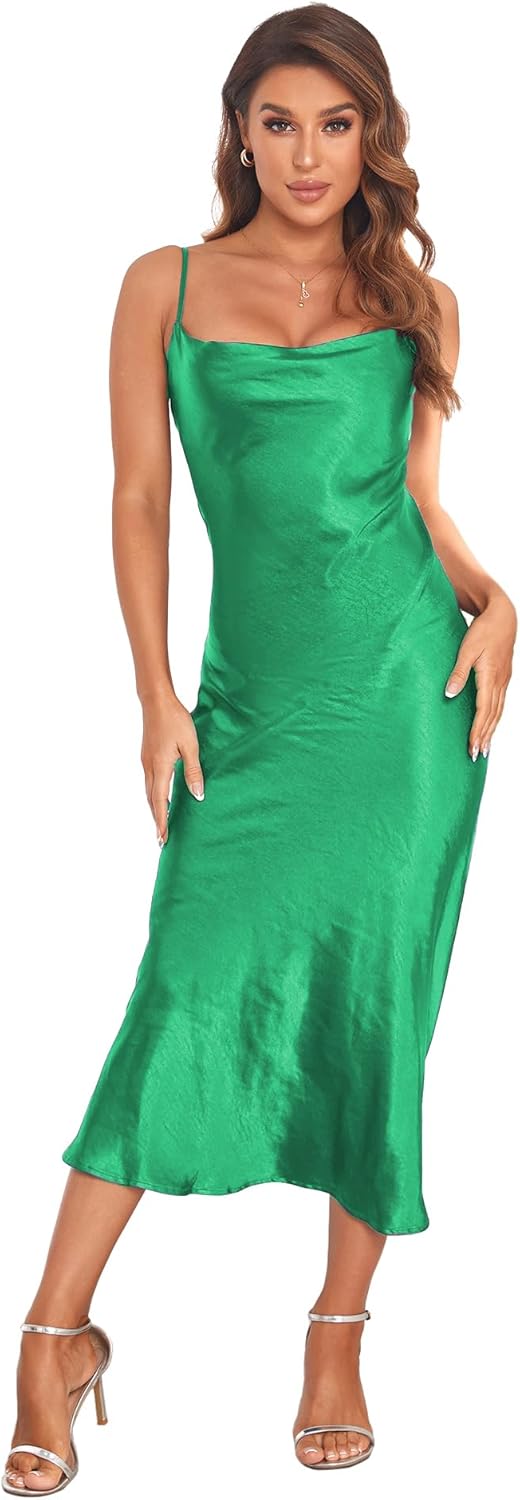 Women's Spaghetti Strap Midi Satin Silk Dress for Parties