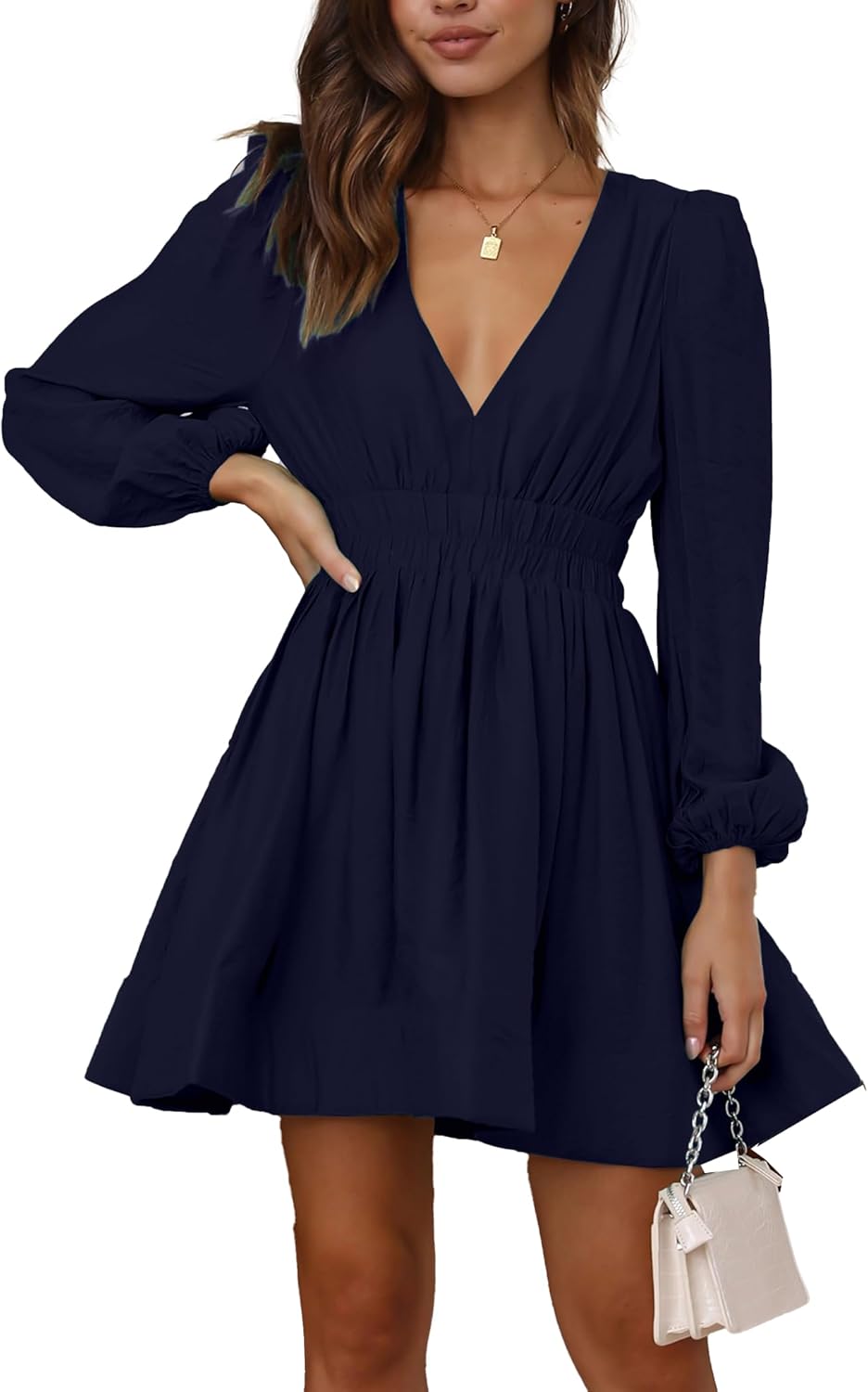 Mini Deep V Sexy Long Sleeve Dress for Women - Flowy A-line Style