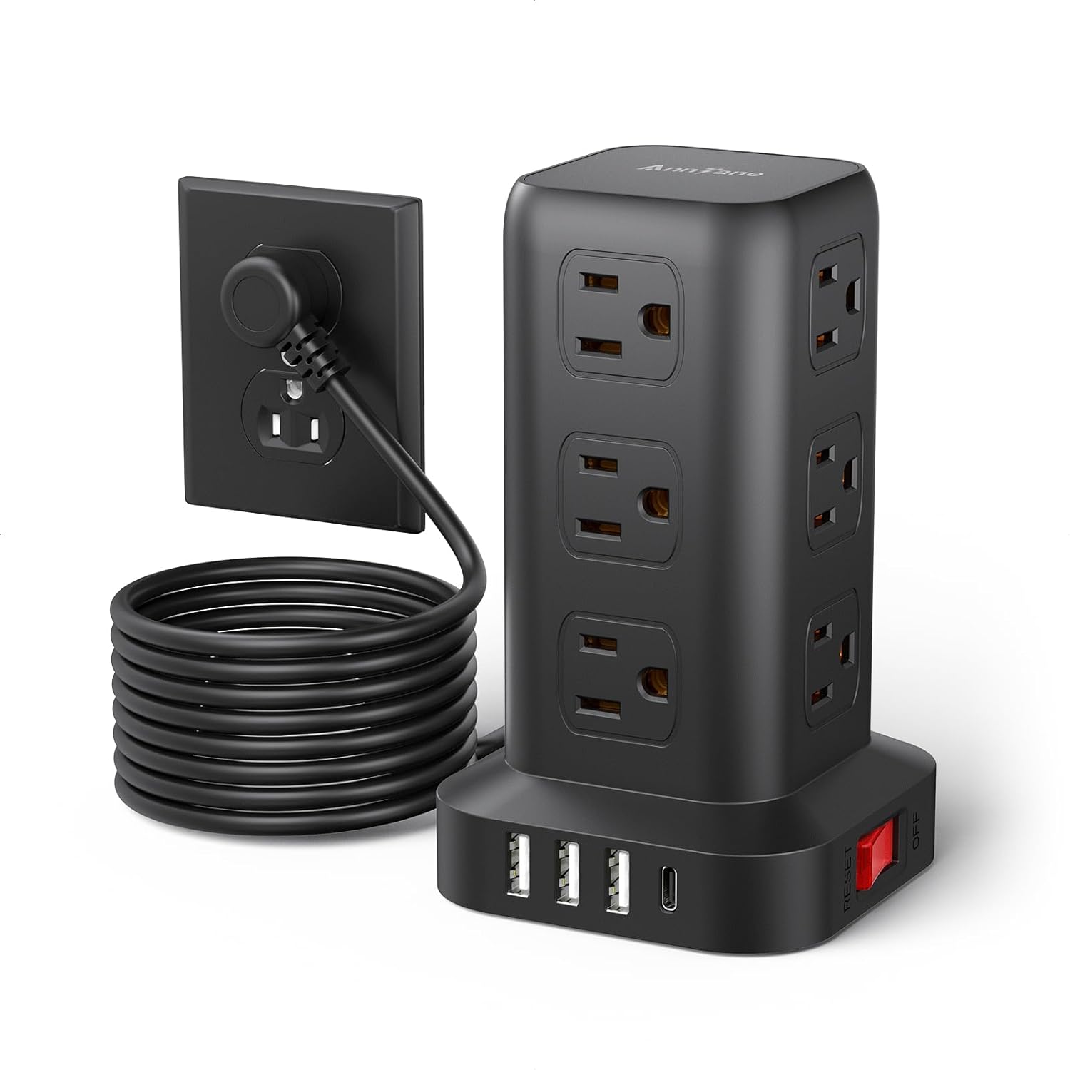 10FT Power Strip Tower w/ 4 USB Ports, 12 AC Outlets - AnnTane