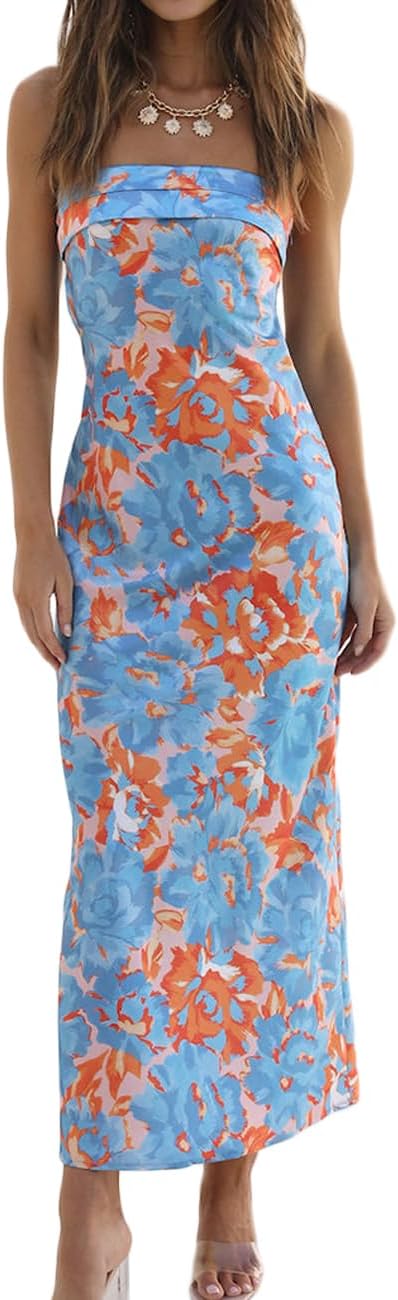 Realtix Satin Silk Backless Tube Tops Maxi Dress for Women