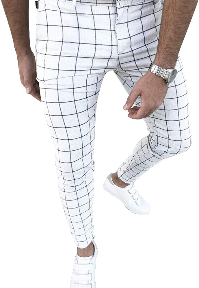 Men's Fashion Stretch Dress Pants Slim Fit Plaid Casual Style