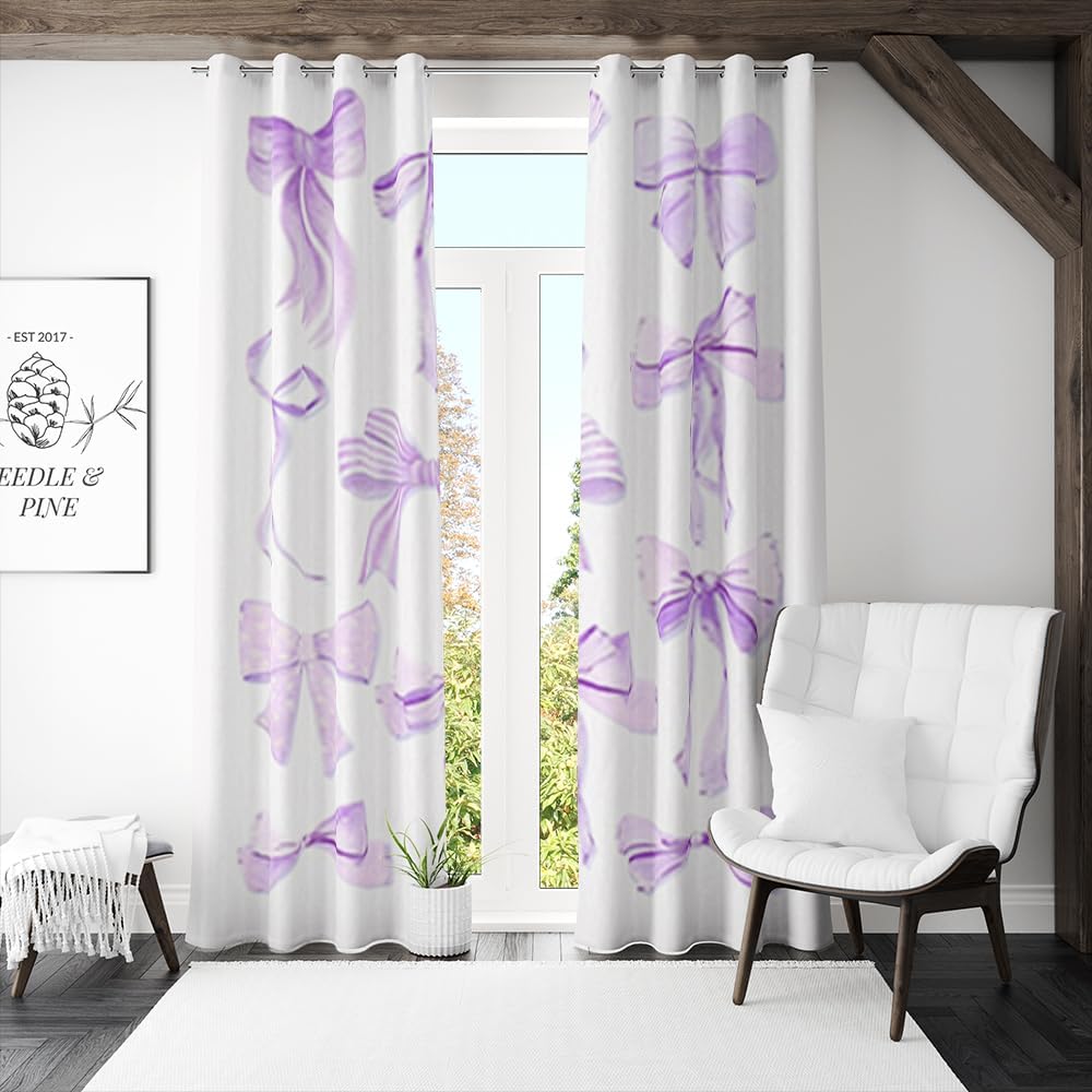 Coquette Bow Sheer Curtains - Preppy Purple Princess Decor 84x63
