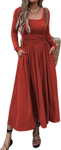 Womens Long Sleeve Square Neck Maxi Dress - Flowy A-Line Comfort skirt