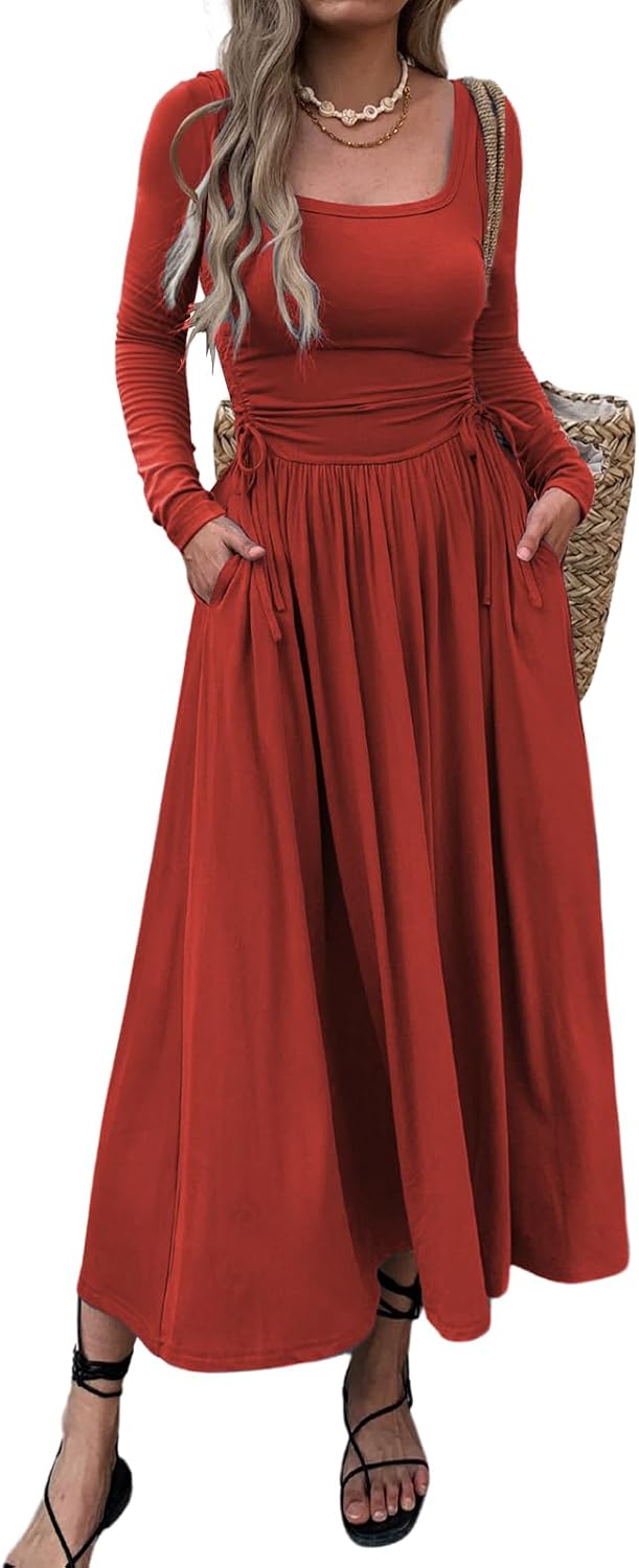 Womens Long Sleeve Square Neck Maxi Dress with Pockets