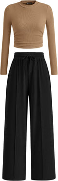 Women's 2 Piece Set Long Sleeve Crop Top and Wide Leg Pants - Cozy